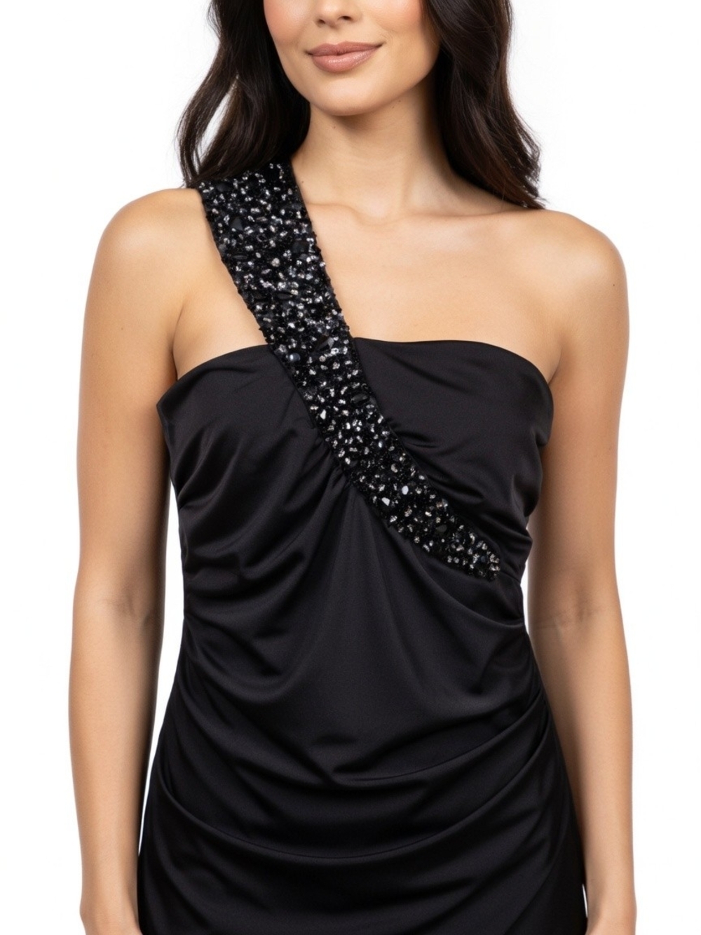 Suzy Shier One-Shoulder Black Top with Bead Detailed Strap Size XL